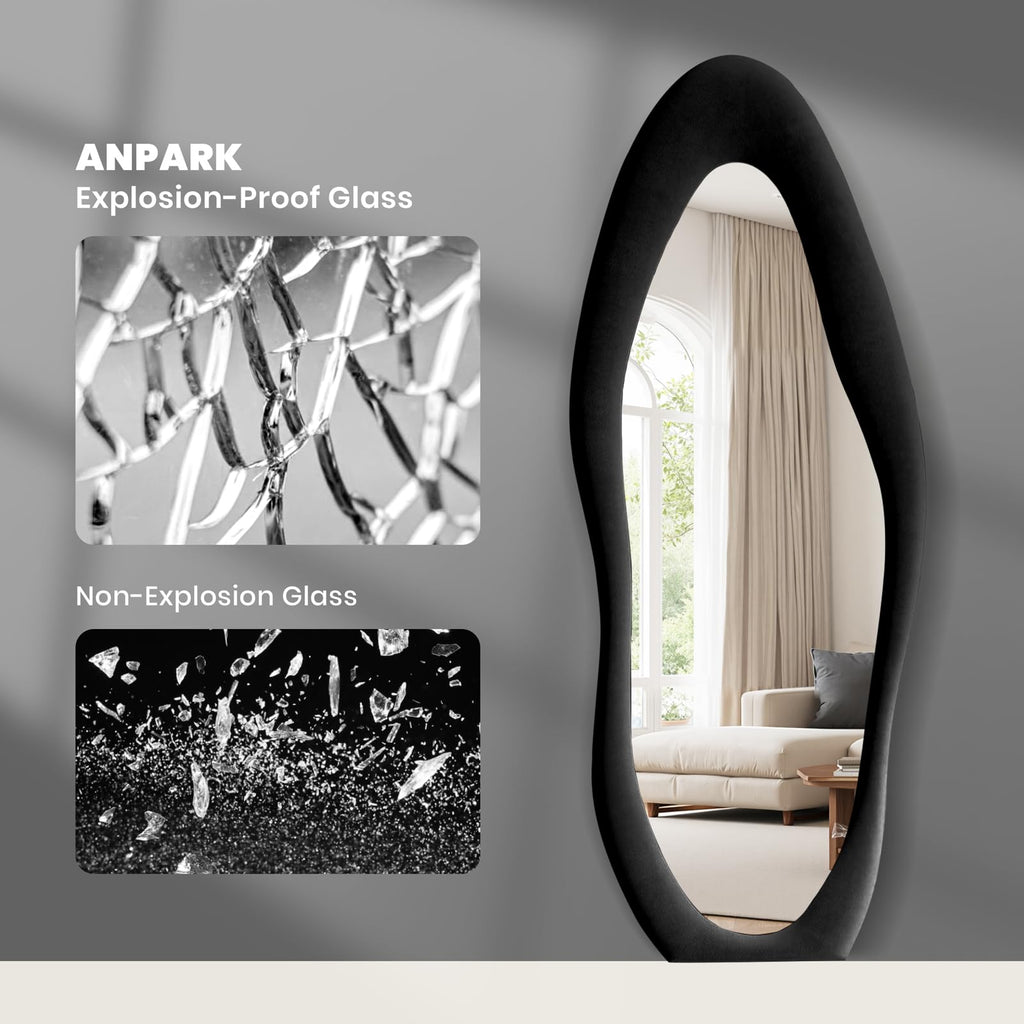 Full Length Mirror 63"x24" Irregular Full Body Wall Mounted Floor Mirror with Stand Black Flannel Wrapped Frame