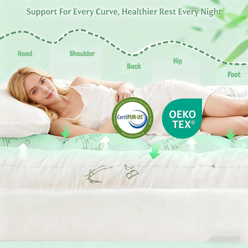 Full Bamboo Mattress Topper, Thick Pillow Top for Hot & Side Sleepers | Cooling bamboo viscose air layer,1700 GSM