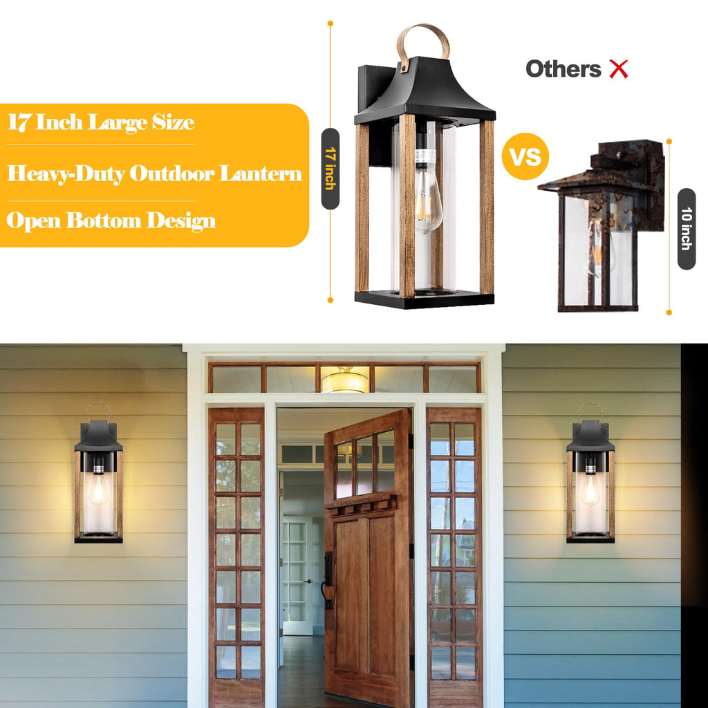 Outdoor Wall Light Rustic Wood Cylindrical Glass 17" Large