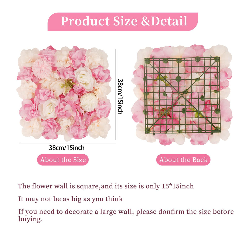 3D Flower Wall Backdrop, 12 Pcs 15x15 Inch Pink & White Panels
