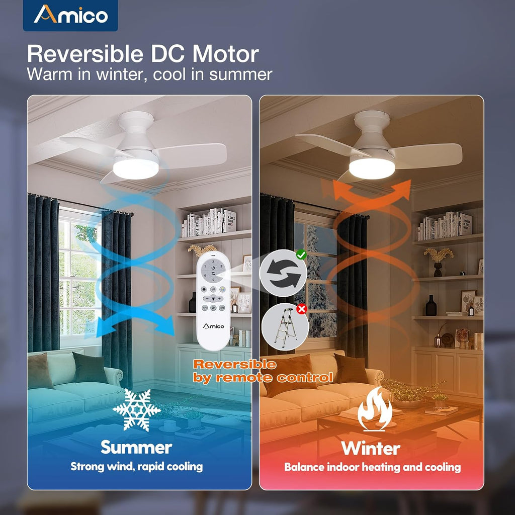 Ceiling Fans with Lights, 30 inch Low Profile Ceiling Fan with Light and Remote Control, Flush Mount, Reversible, 3CCT, Dimmable, Noiseless, White Ceiling Fan for Bedroom, Indoor/Outdoor Use A102-B0C61KD6TL