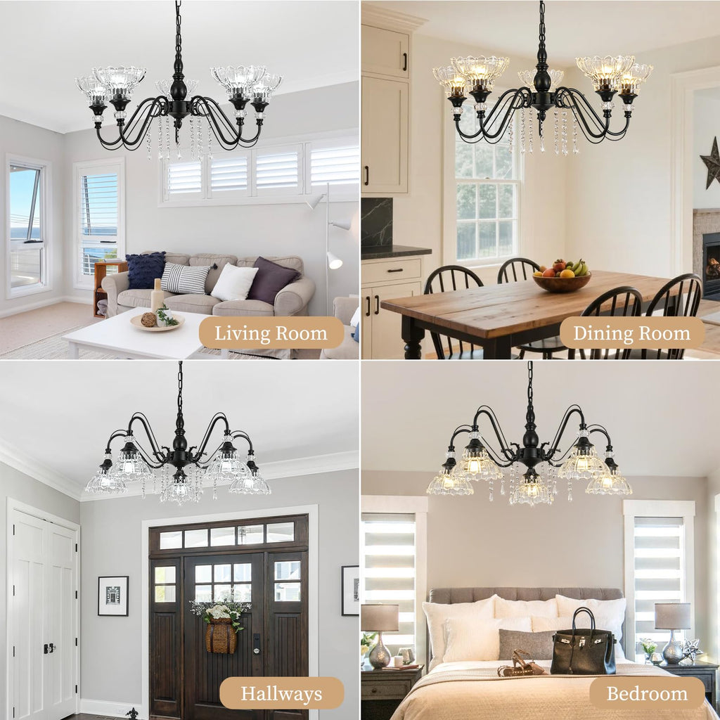 5-Light Chandelier in Matte Black Finish with Flower-Shaped Glass Shades and Hanging Crystal Accents, Farmhouse