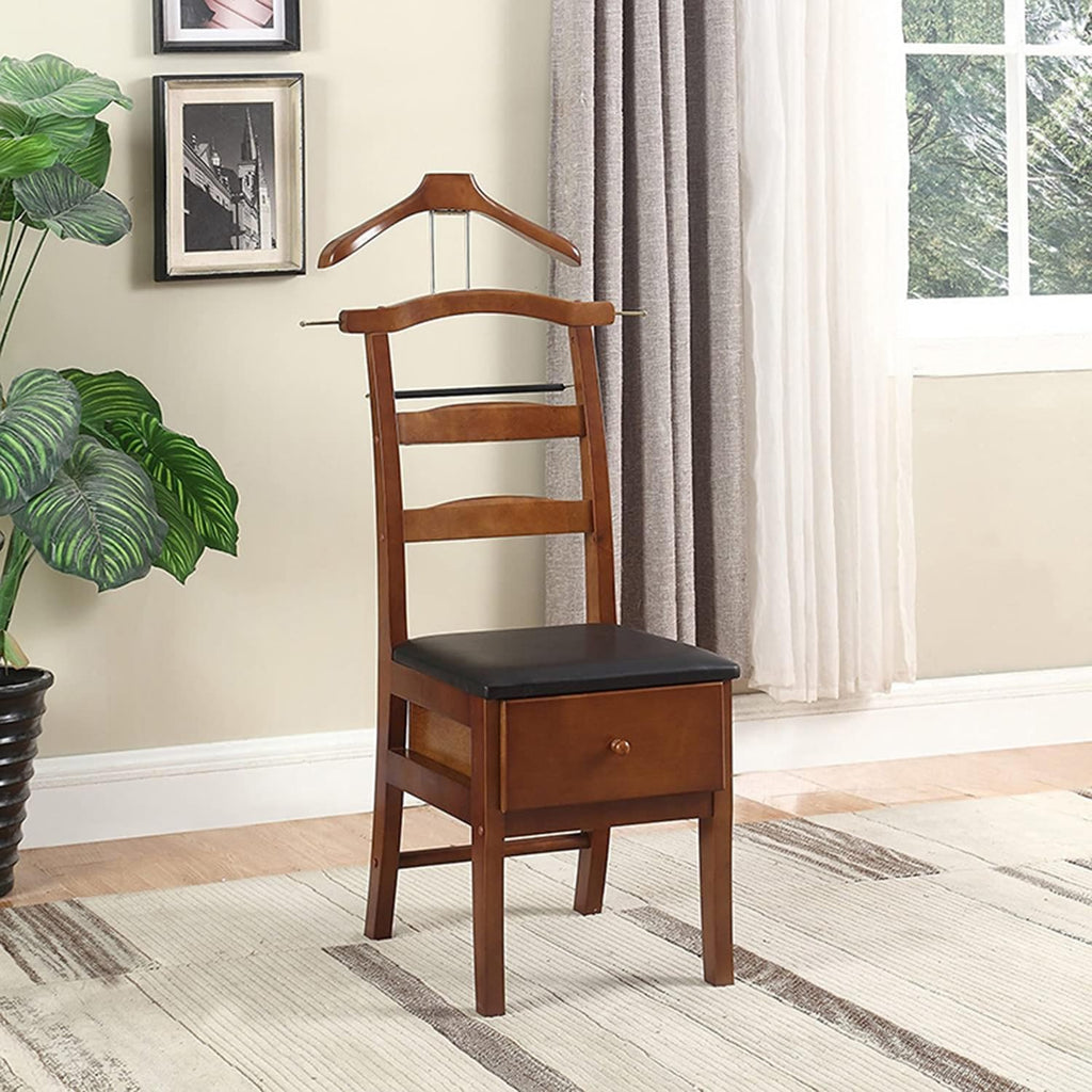 Brown Valet Stand with Office Chair Hanger & Drawer - Men's Accessory Organizer for Clothes, Watches, Keys & More