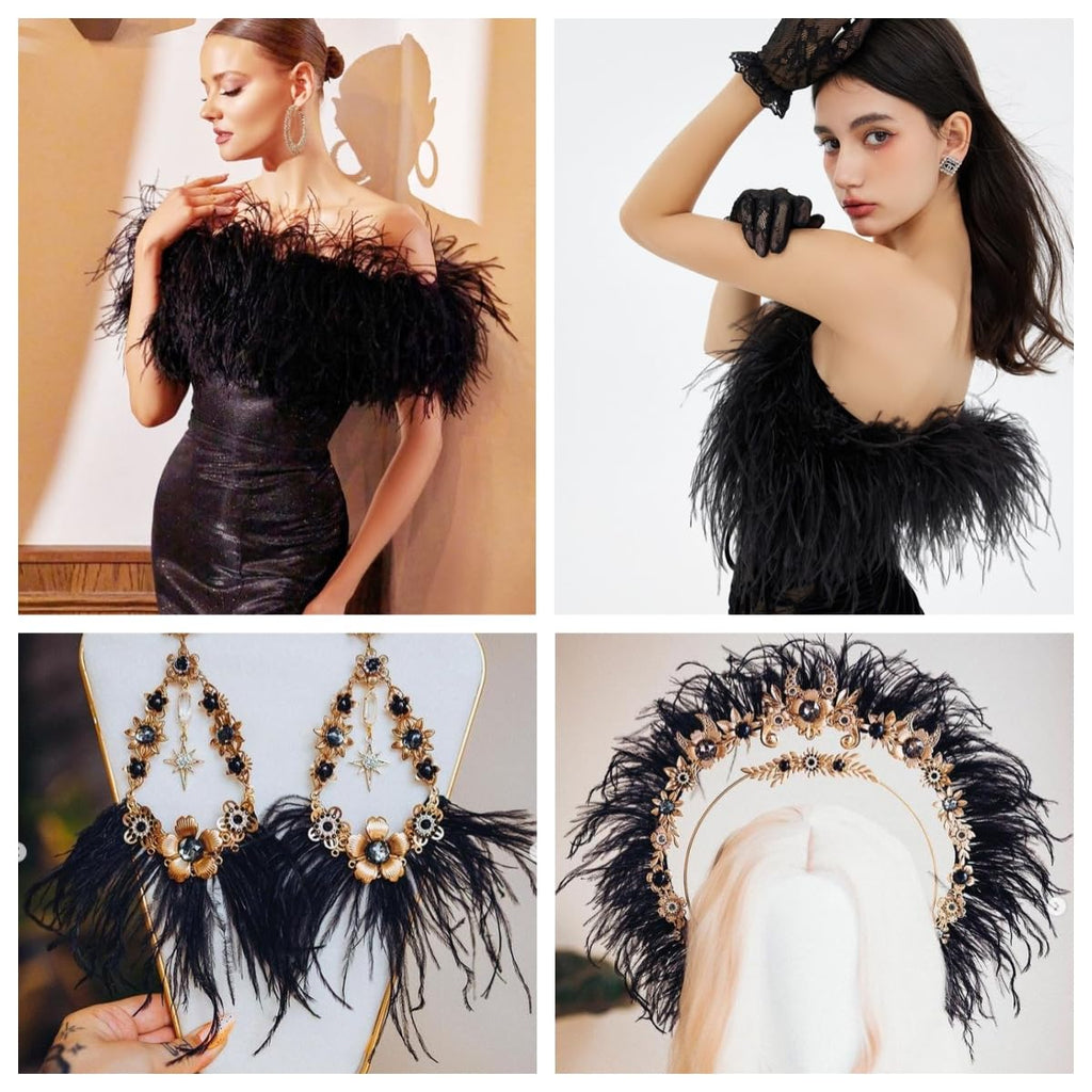 5-7inch Black Ostrich Feather Trim for DIY Sewing Clothing,2Yards