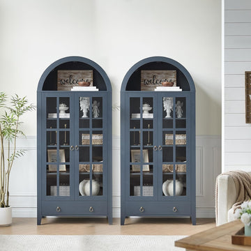 71" Tall Arched Cabinet Bookshelf with Glass Door & Storage Drawer | Modern Farmhouse Display Cabinet,Adjustable