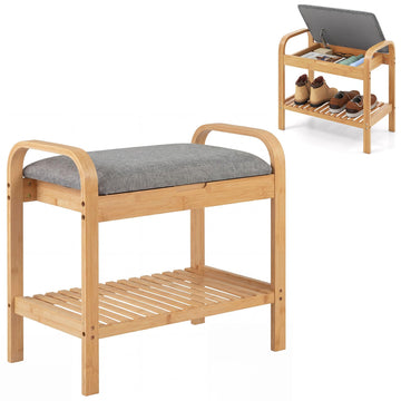 Small Entryway Bench with Storage, 2-Tier Bamboo Shoe Rack Bench with Flip Top Storage Space and Padded Cushion, Shoe