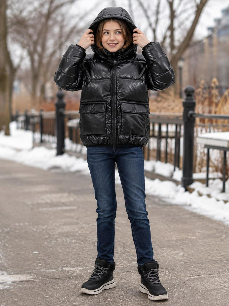 Girls Winter Coat Metallic Shiny Hooded Puffer Jacket
