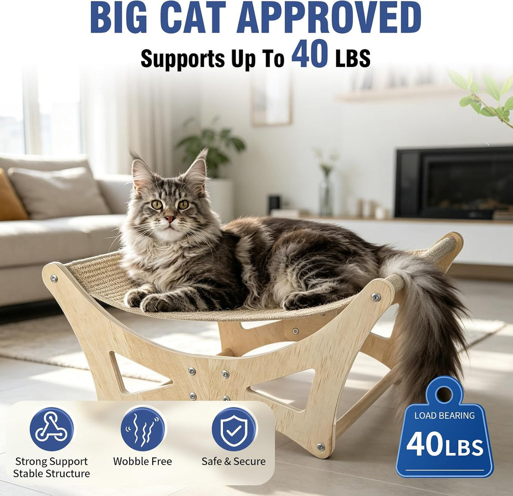 Cat Hammock Bed for Large Cats, Elevated Wooden Bed with Natural Sisal Scratching Mat, Cozy Lounge with Soft Cushion