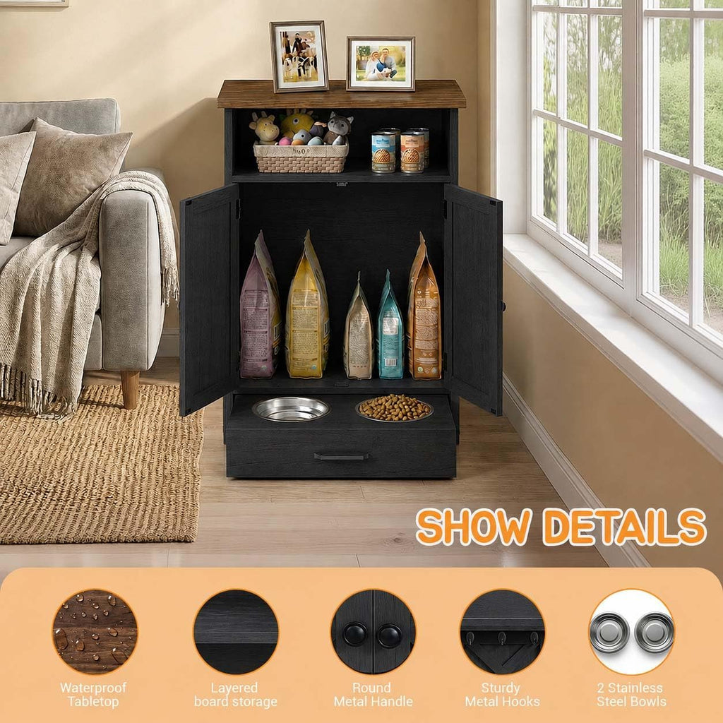 Dog Food Storage Cabinet, Dog Feeding Station with Storage, Black