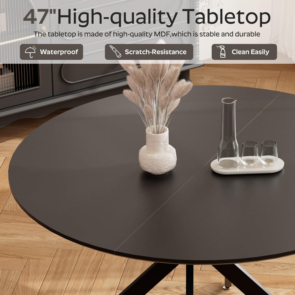 47" Modern Round Kitchen Table for 2-6, Save Space Black Wooden Circle Dining Table with Wooden Table Top &