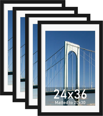 24x36 Poster Frame Set of 4, for Wall Mounting, Black | Display Picture 20x30 with Mat or 24 x 36 without Mat, Photo