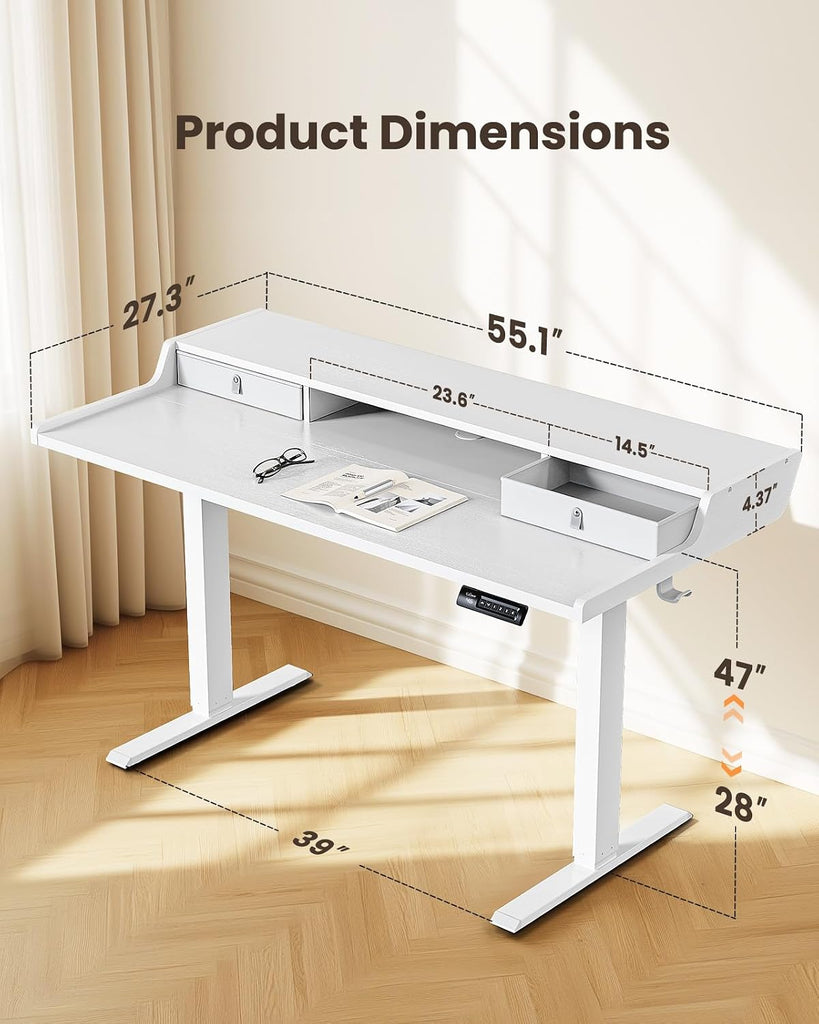 Electric Standing Desk with Drawers, 55′′ x 28′′ Gaming Table Compatible Monitor Stand, Stand up Desks, Home Office