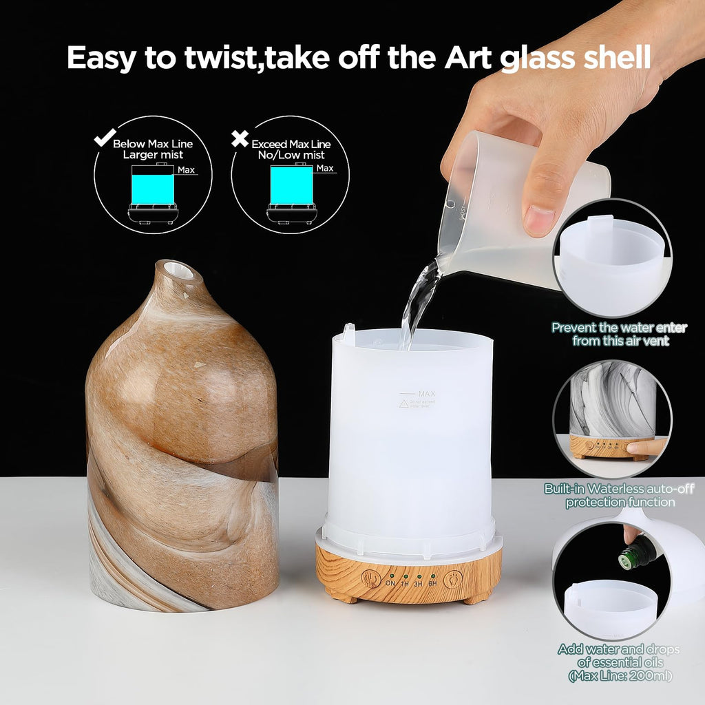 Essential Oil Diffuser Hand Blown Glass Aromatherapy Diffuser - Ultrasonic Cool Mist Scent Aroma Diffuser, Whisper