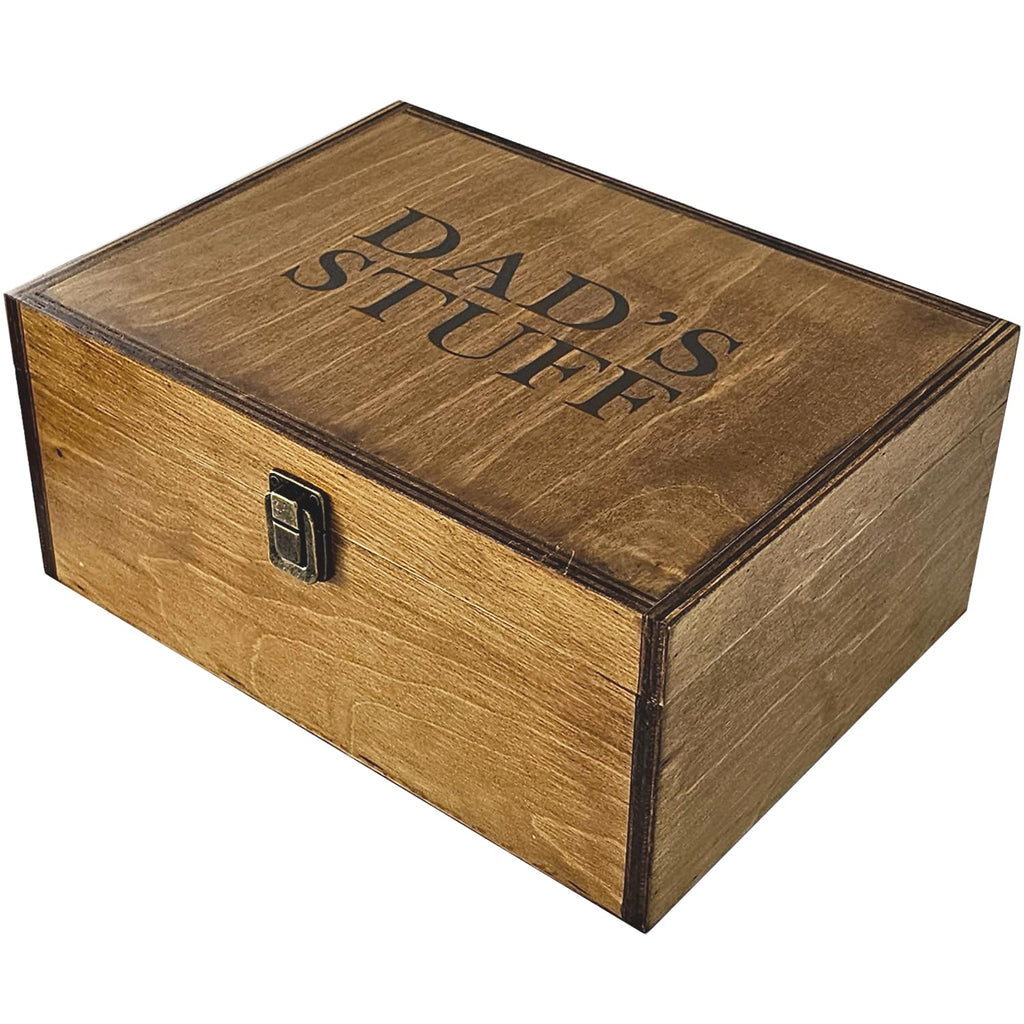 Dad Gifts, Wooden Dad's Stuff Storage Box, Large Rustic Wooden Keepsake Box 11.6" x 8.7" x 5", Engraved Memory Wood