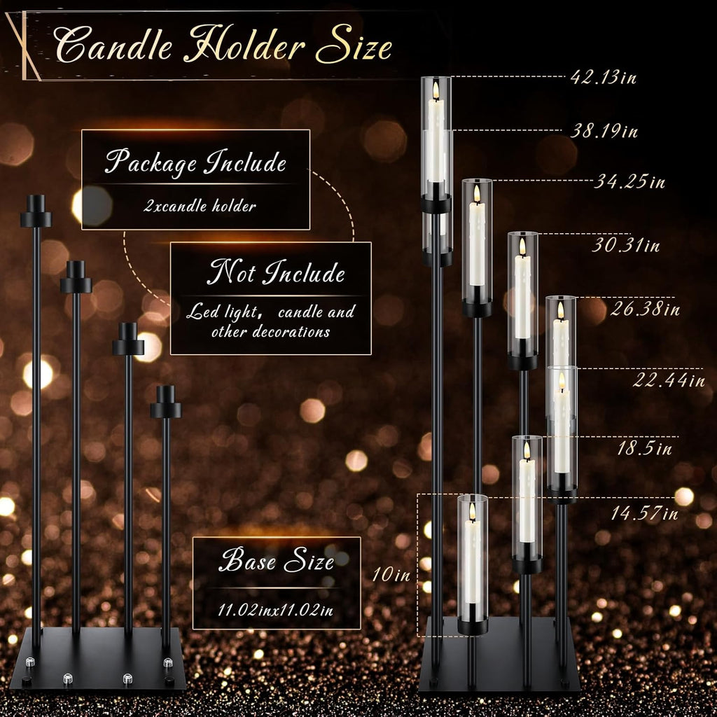 2 Pack Black Floor Candelabra Centerpieces 42.13 Tall 8 Arms Floor Candle Holder with Acrylic Shade Pillar Metal