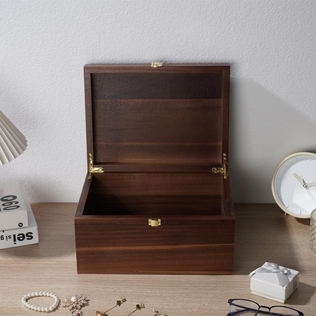 Large Wooden Storage Box - Wood Box with Lid Decor, Ideal for Keepsakes, Trinkets, Jewelry & Other Stash