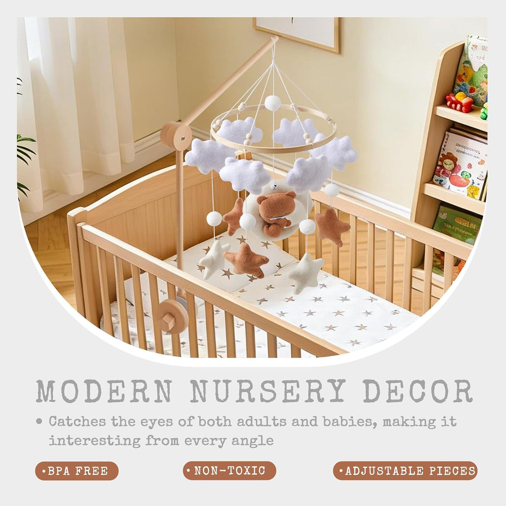 Baby Mobile for Crib - Neutral Boho Nursery Decor with Felt Moon, Stars, Clouds & Bear - Silent Soothing Bed Bell