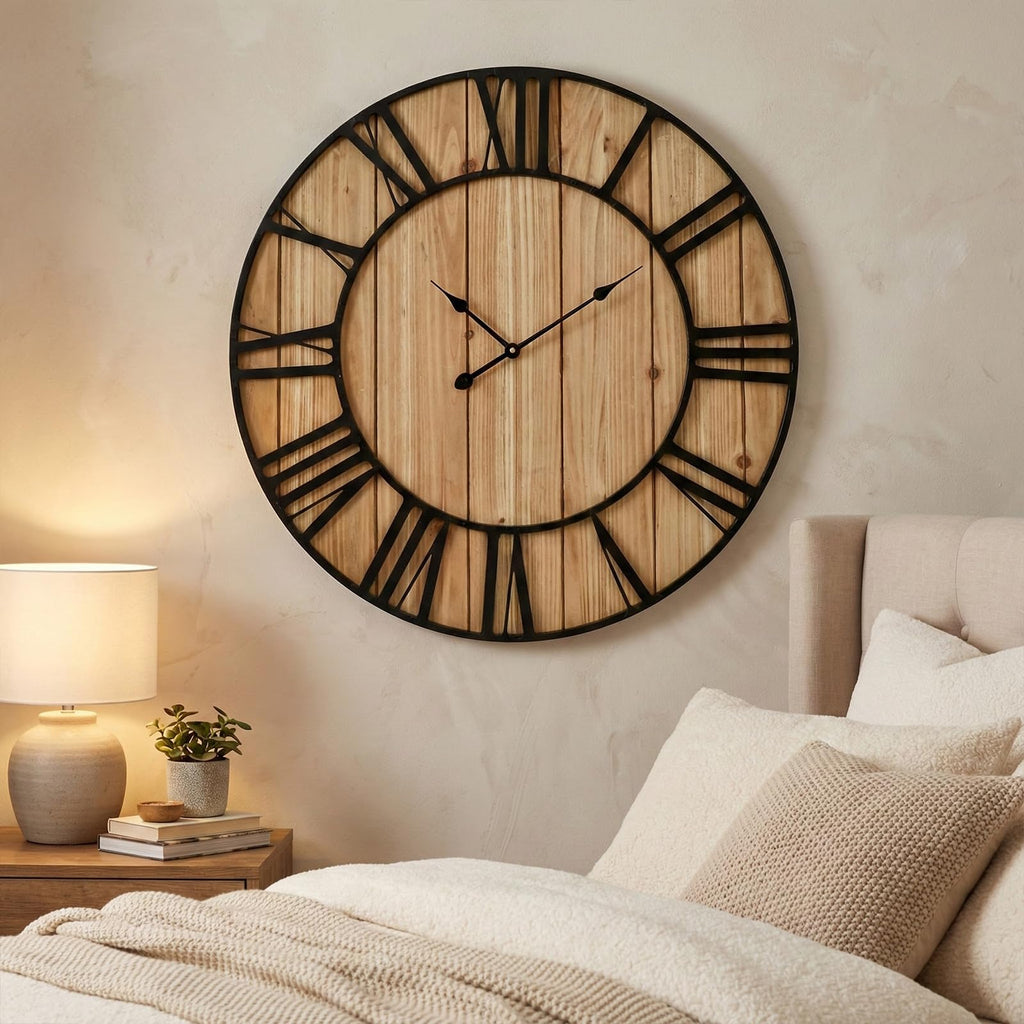 Large Farmhouse Wall Clock 30 Inch Vintage Brown Wooden Wall Clock with Quiet Ticking and Minimalist Roman Numerals