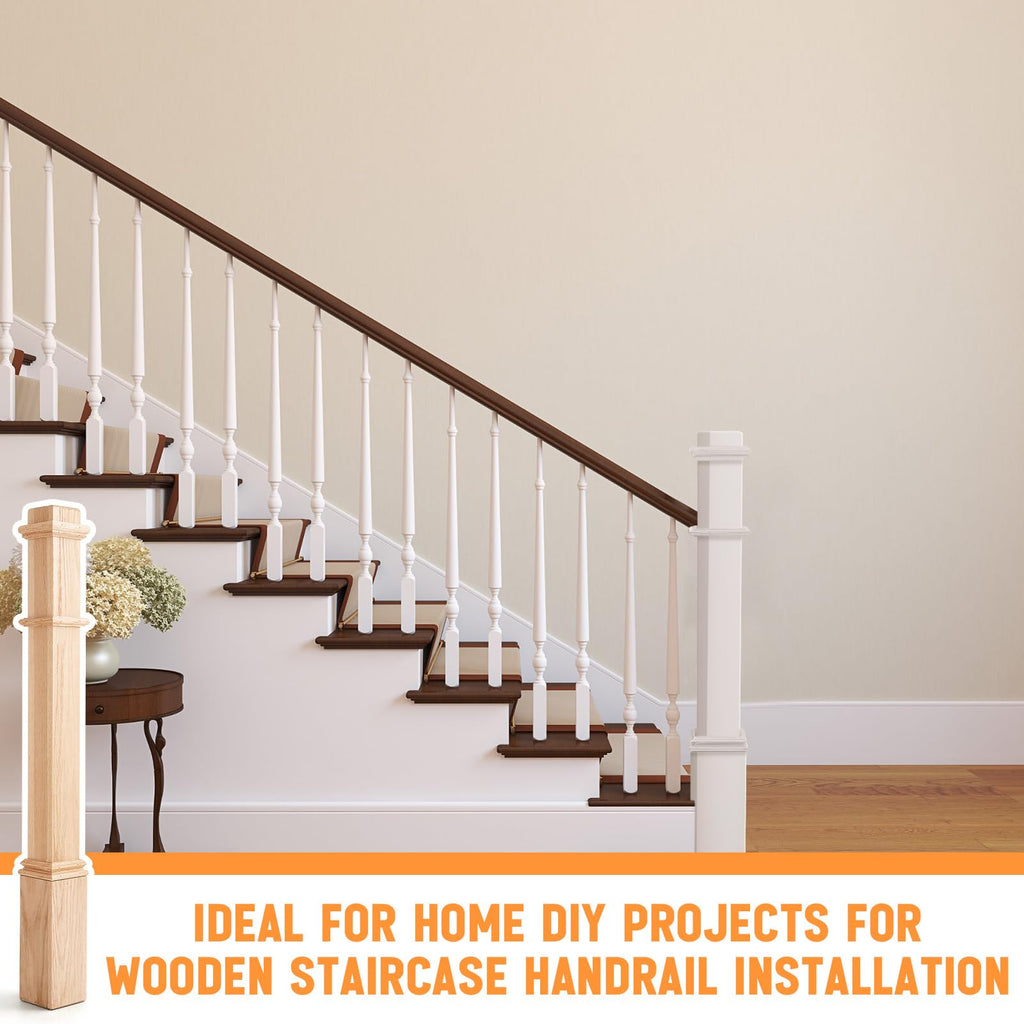 4 Pcs 48 Inch Red Oak Stair Newel Post with 3 1/2" Post and 4 1/2" Pedestal, Wood Box Newel with Pedestal for