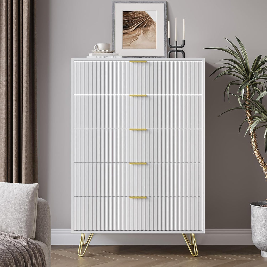 White 5 Drawer, Fluted with Gold metal Handles