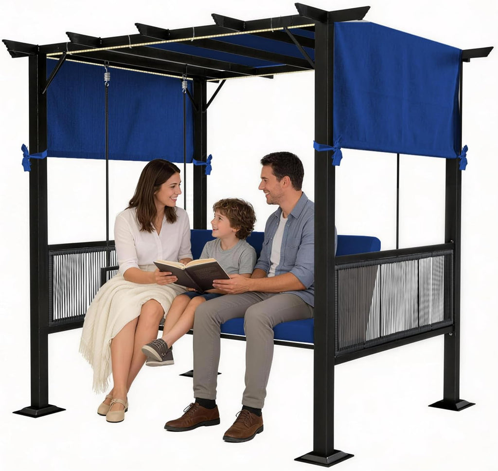 2 in 1 Porch Swing with Adjustable Canopy & LED Lights, 1,000 lb Heavy-Duty 3-Seat Swing Bed with Stand, 65-Inch