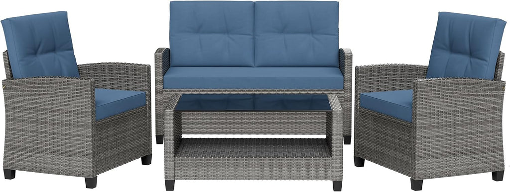 4 Piece Patio Furniture Set, Outdoor Rattan Conversation Set with Coffee Table, Outside Wicker Sectional Sofa Couch