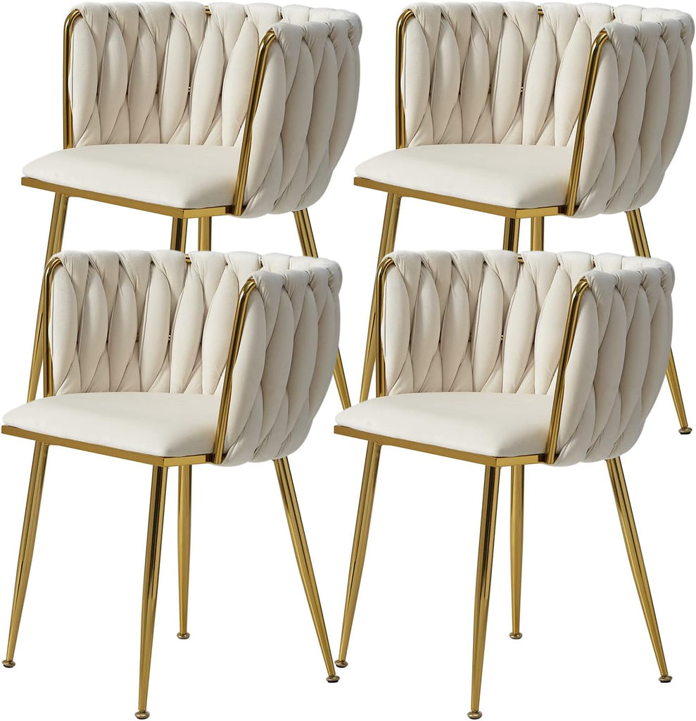 Velvet Dining Chairs Set of 4, Modern Dining Chair with Golden Metal Legs, Woven Upholstered Dining Chairs for Dining