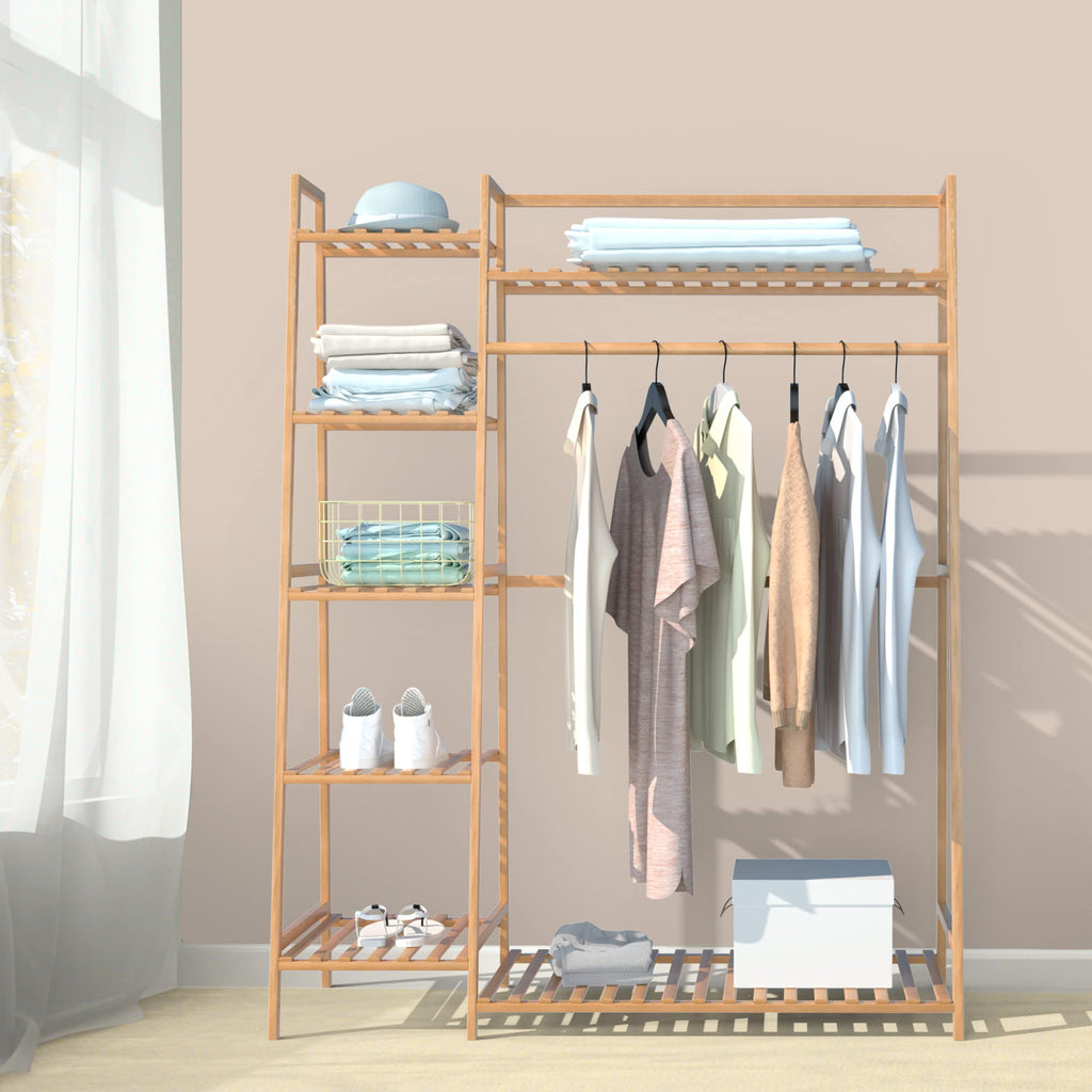 Bamboo Clothing Garment Rack, Free Standing Clothes Coat Hanger, Closet Organizer w/Shoe Rack, Multi-tiered Wardrobe