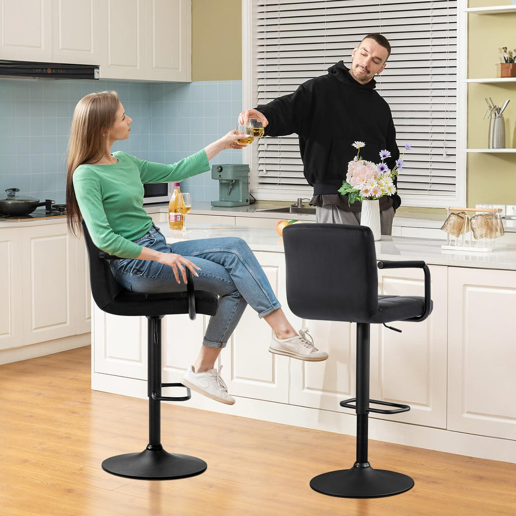 Adjustable Barstools with Back, Black bar stools Set of 2, Velvet 360°Swivel Bar Stools, Double Stitching Counter