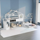 Wood Twin Over Full House Bunk Bed with Ladder, Solid Pine Wood Bunk Bed Frame with Safety Guardrails