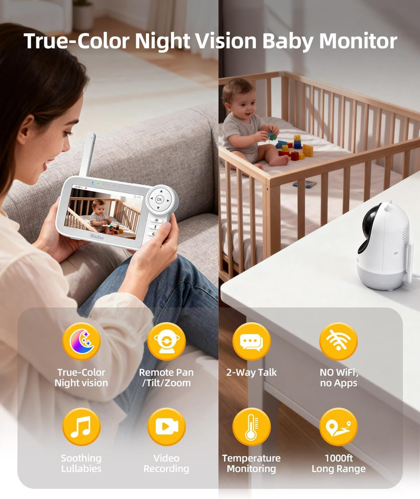 No WiFi Baby Monitor with Color Night Vision, 5" HD Display,1080P Pan Tilt Zoom Camera, Lullabies, Temperature