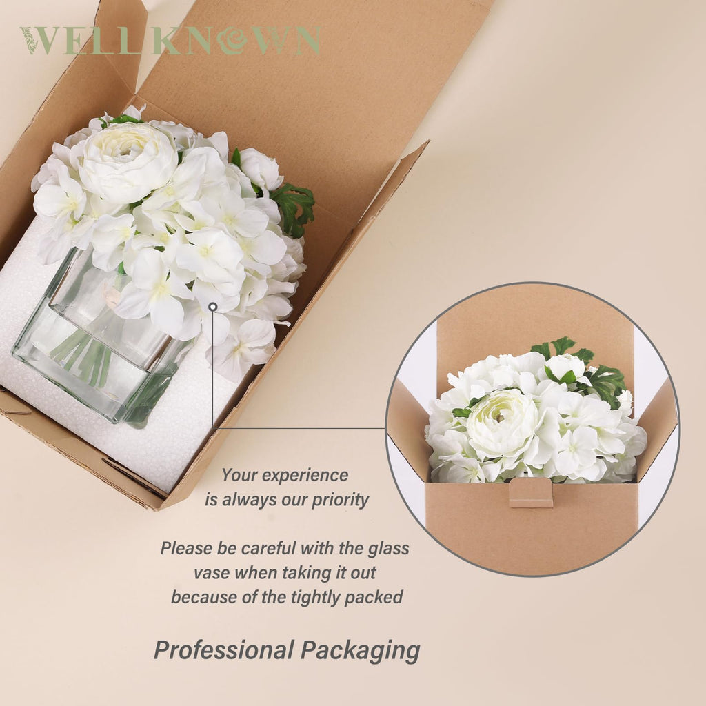 Artificial Flowers in Vase, White Hydrangea Ranunculus