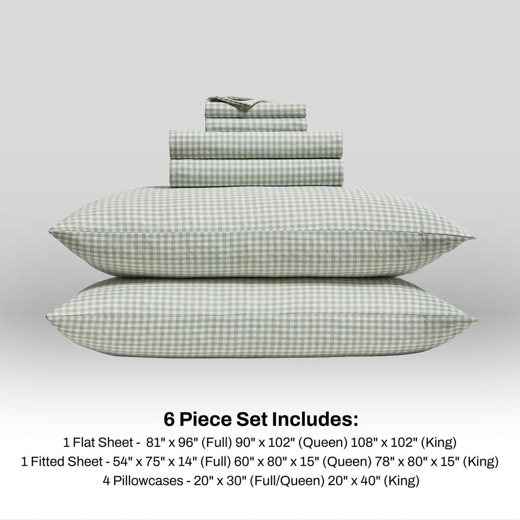 Full Sheet Set - 6-Piece Heather-Hue Gingham Bed Sheets - Sage Green