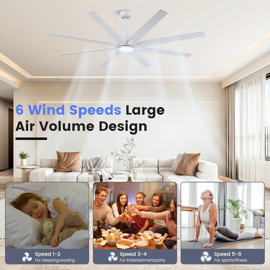 72 inch Large Ceiling Fans with Lights and Remote, Indoor/Outdoor White Ceiling Fan