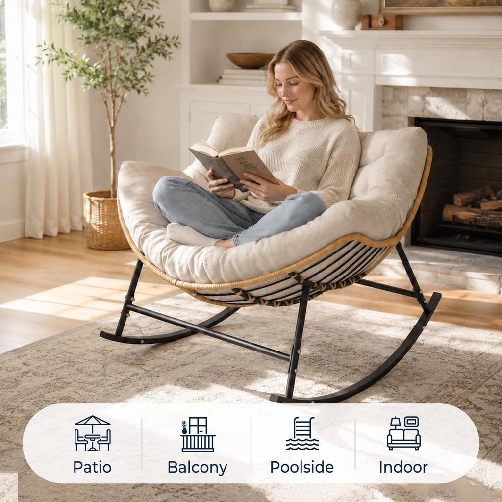Outdoor Papasan Rocking Chair with Thick Cushion, Cream