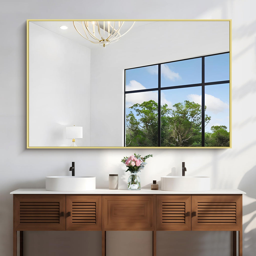 Large Gold Bathroom Mirror, 60x40 Inch Rectangular Mirror Sink, Oversized Wall Mirror with Metal Gold Frame
