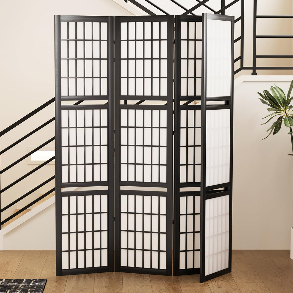 5.6FT Room Divider and Folding Portable Partition Screen, Chinese Japanese Shoji Style with Three Display Shelves for