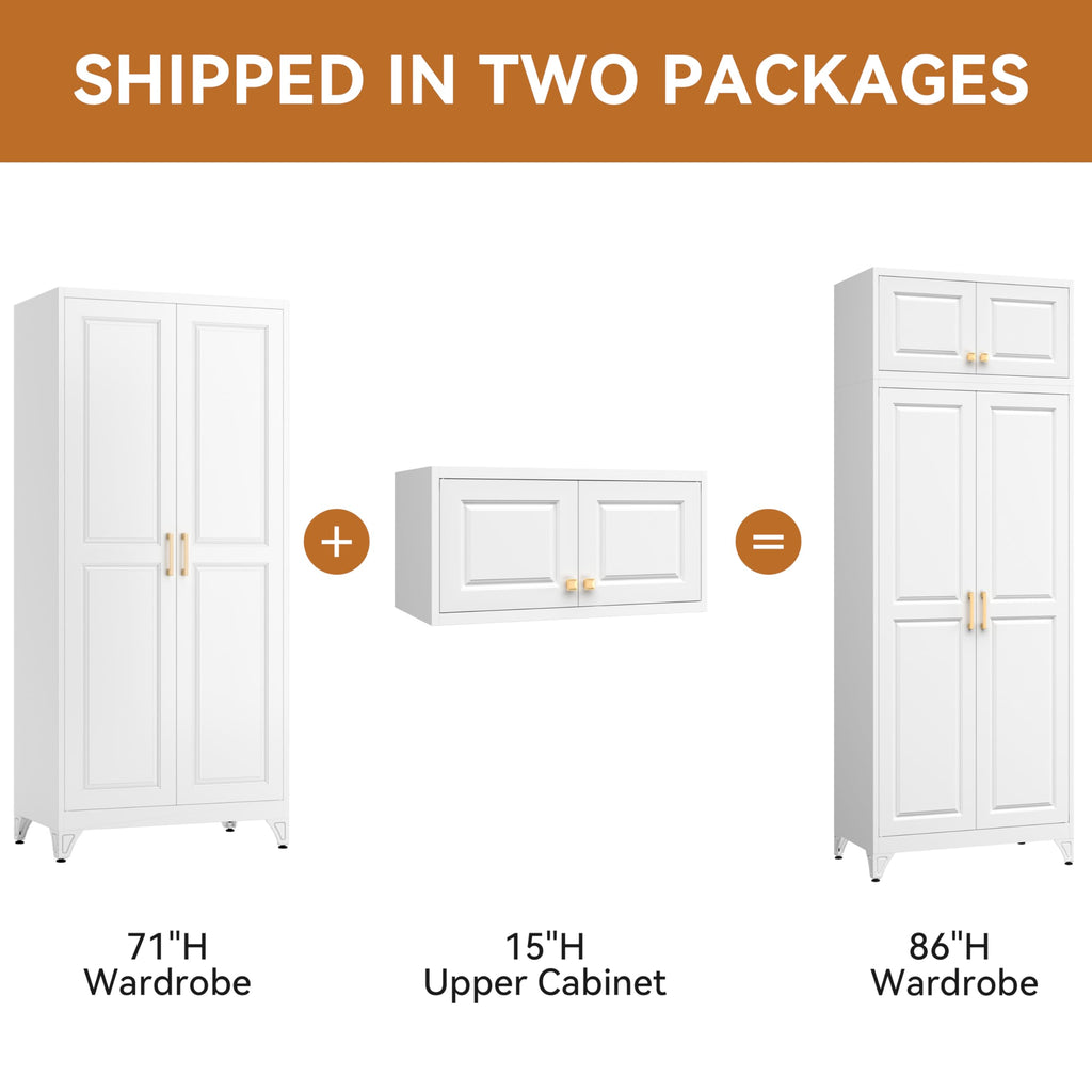 86" Tall White Metal Armoire Wardrobe Closet with Hanging Rod