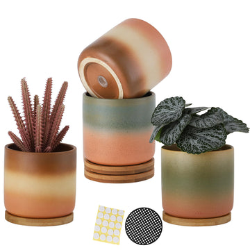 4 Inch Cylinder Ceramic Plant Pots with Drainage Hole and Saucers, Small Glazed Gradient Colors Flower Pot with Trays
