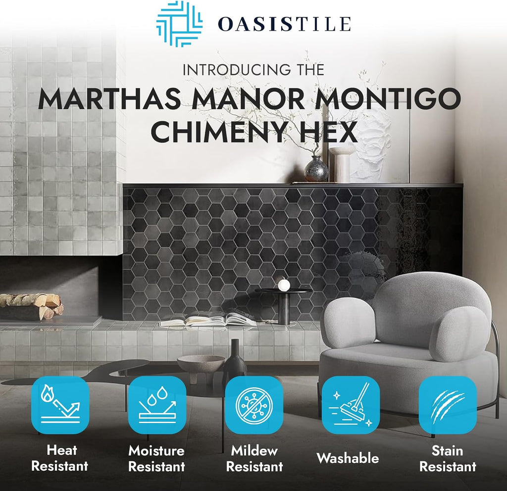 Oasis Tile Marthas Manor Montigo Chimeny Hex | 4x5 Glossy Ceramic Tile | Sleek black glossy hexagon ceramic for