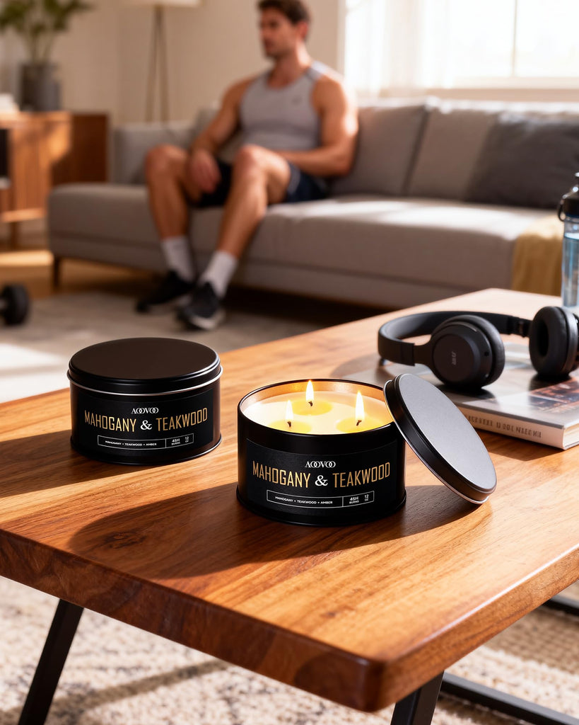 2 Pack Mahogany Teakwood Candles for Men - 3 Wick 24oz Black Candle