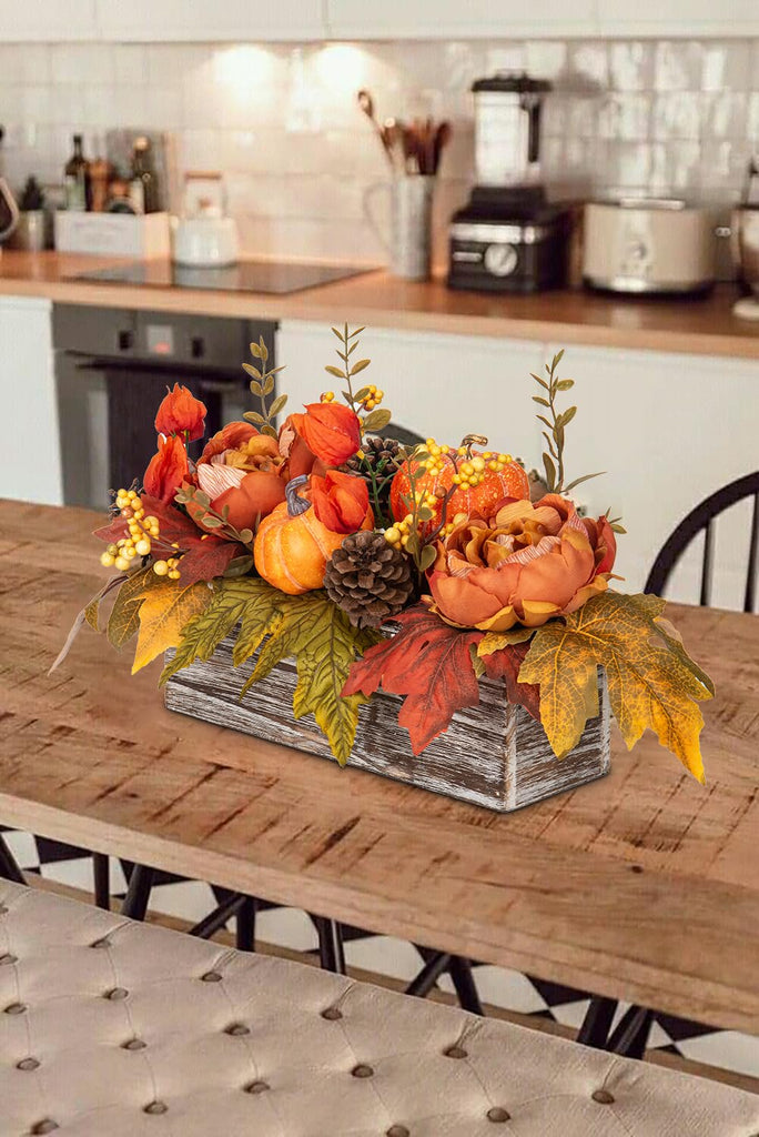 Fall Decor Autumn Harvest Pumpkins Centerpiece - Artificial Peony Maple Leaf and Pinecones Arrangement in Rectangle