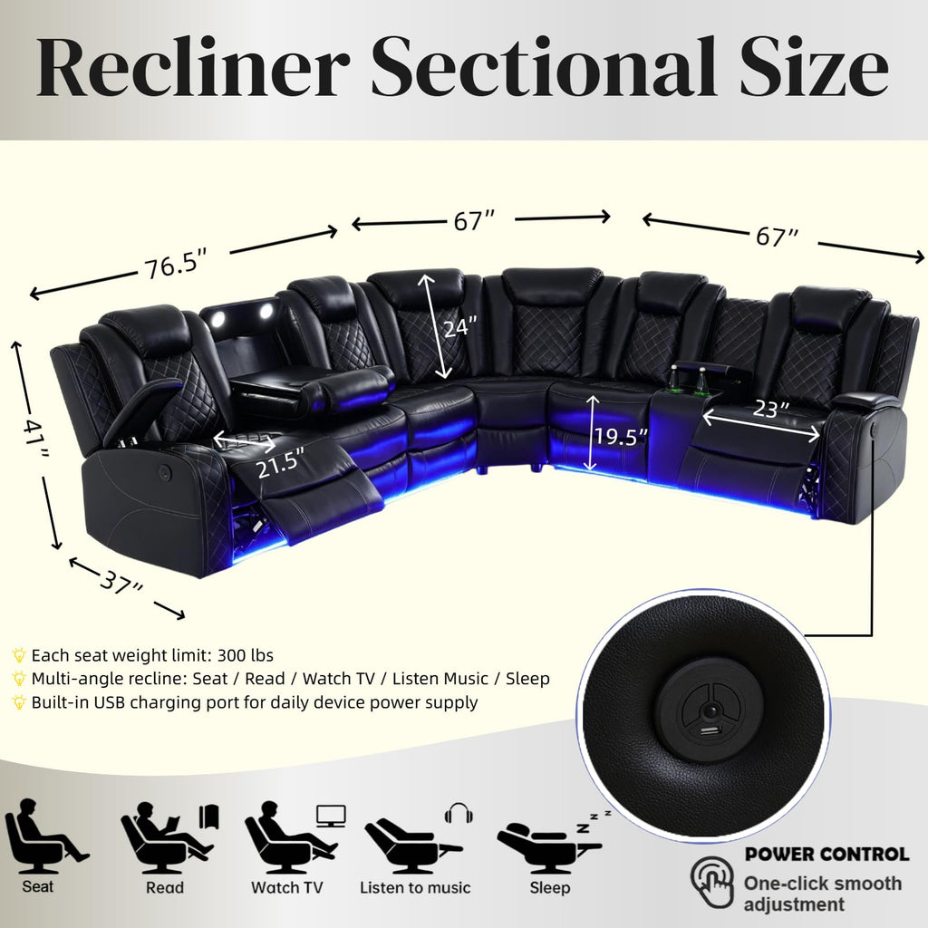Breathing Leather Power Reclining Sofa Set, Sectional Couch with LED Light