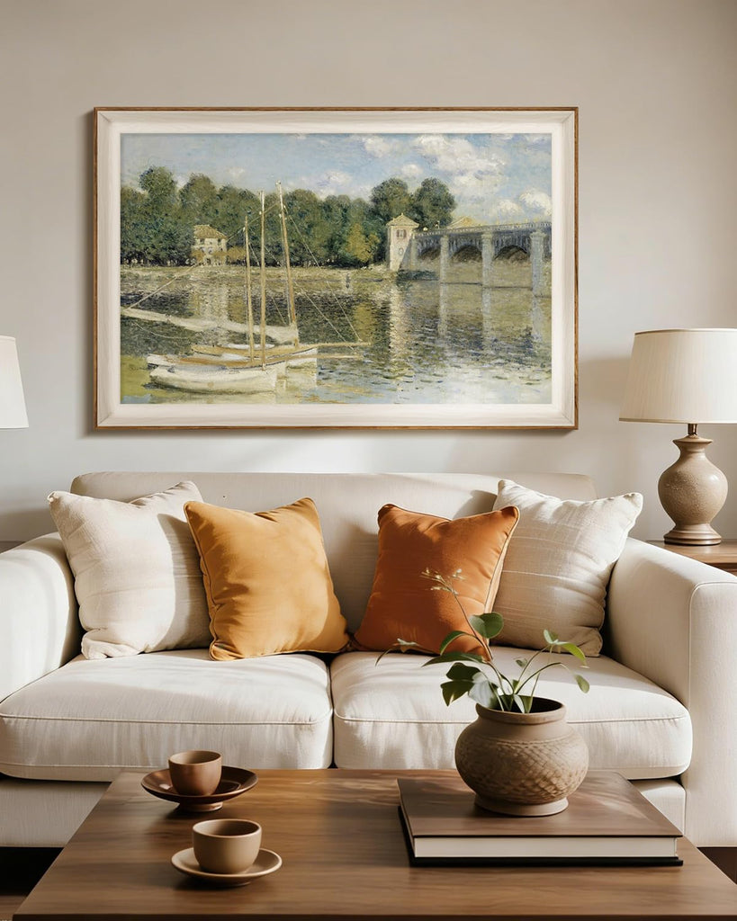 Vintage Canvas Wall Art Framed, Nature Landscape Claude Monet Impressionist Painting Artwork The Seine Basin At