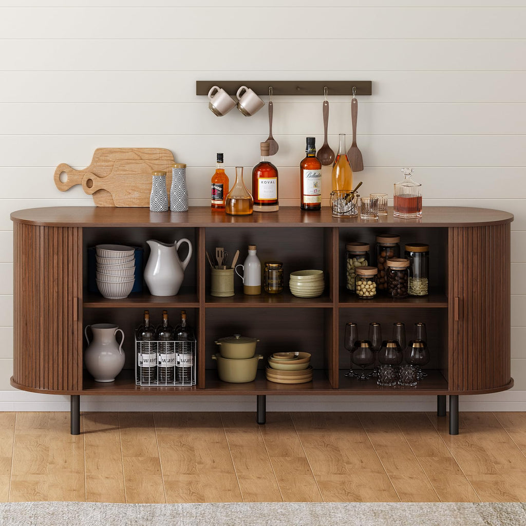 70" Sideboard Buffet Cabinet, Sliding Door/Adjustable Shelf, Walnut