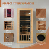 Springspa Far Infrared Sauna, Low EMF 1 Person Sauna, Indoor Canadian Hemlock Wood Home Dry Saunas Room with 1400W