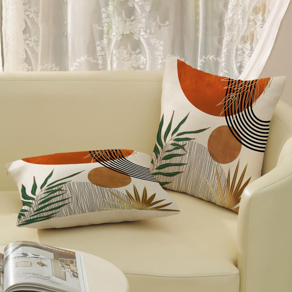 Pillow Covers 18x18 Set of 2 Green Gold Orange Throw Pillows Tropical Leaves Sunset Decor Modern Mid Century
