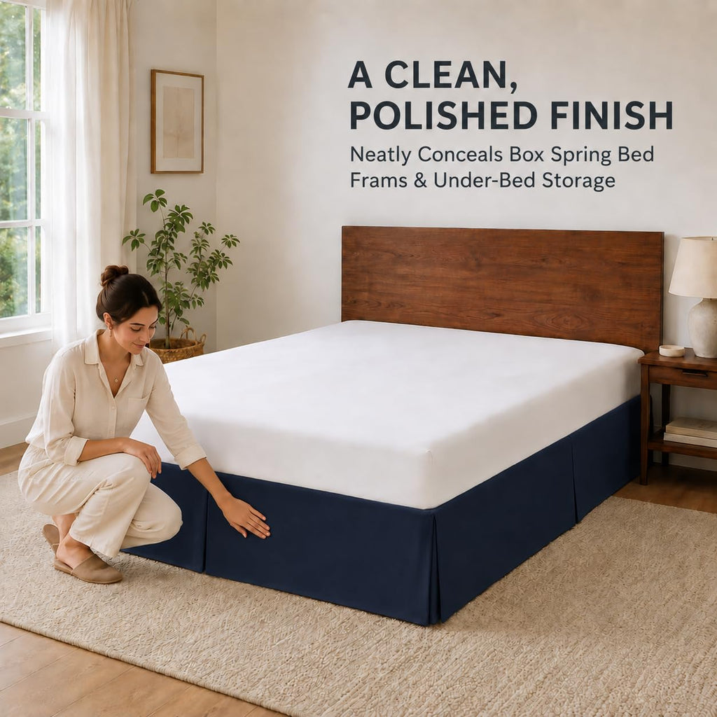 Queen Tailored Pleated Bed Skirt, 14" Drop, Navy
