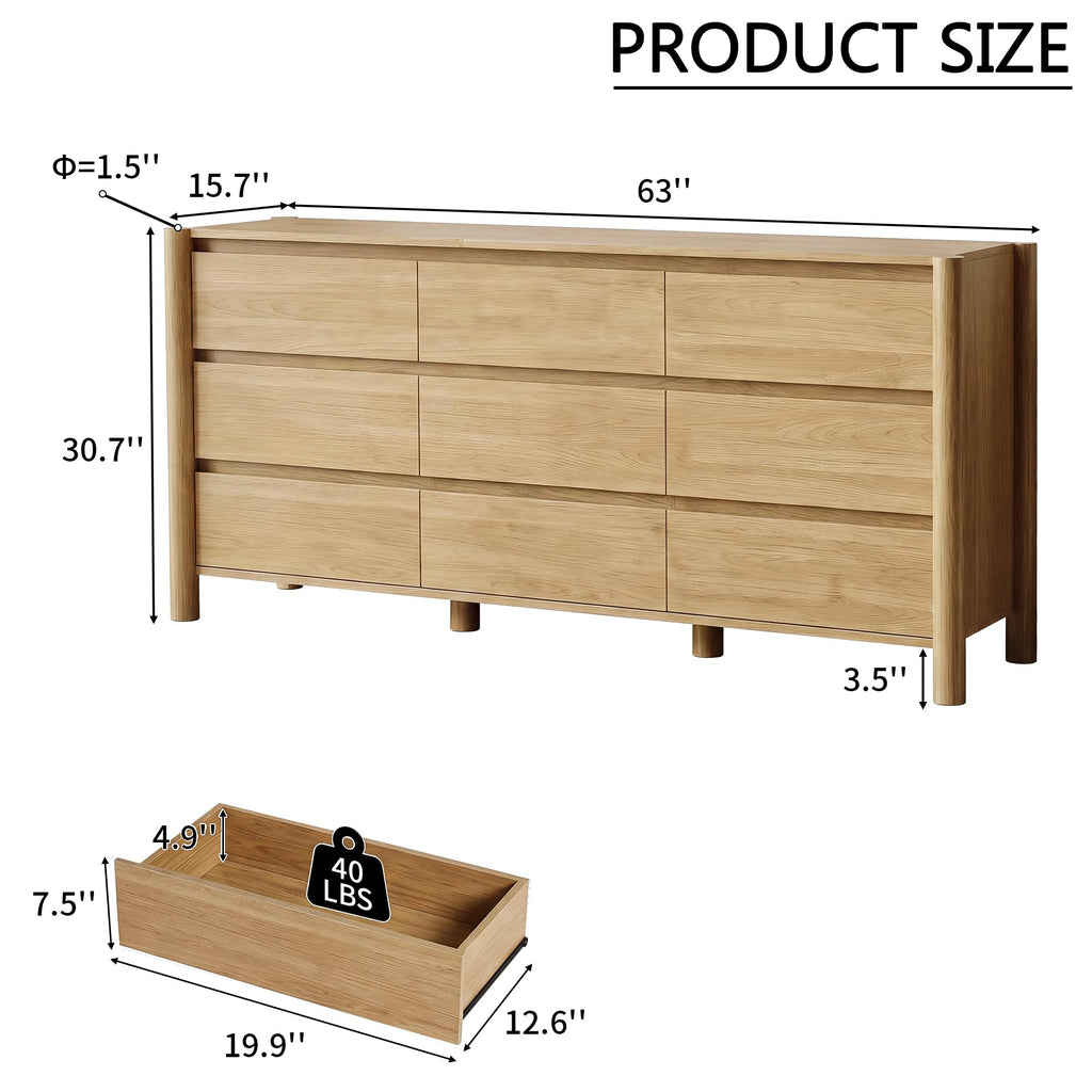Oak Dresser, 63" Wide 9 Drawer Mid Century Modern Chest