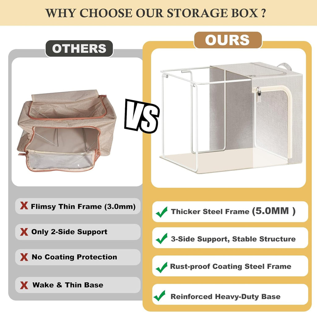 3-Side Zippered Openings Clothes Storage Bins with Thick Metal Frame, Stackable & Foldable Clothing Storage Bins with